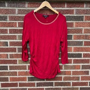 Eileen Tracy Red and Gold Beaded Crewneck Ruched Side Long Sleeve Sweater Top